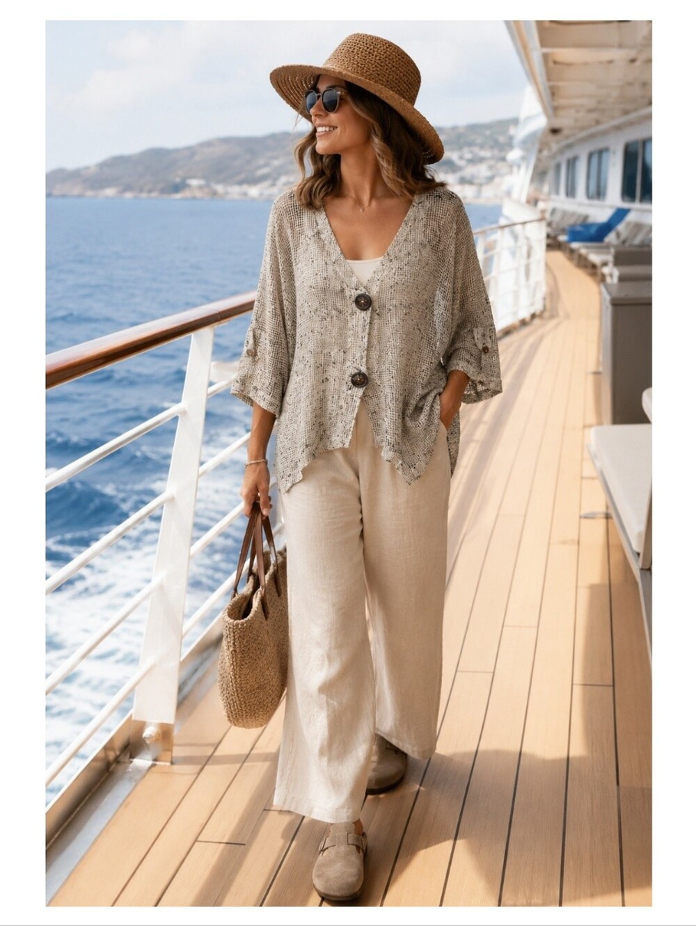 Nina Leonard 3X Beige Black Speckle Open-Knit Fish Net Cardigan Coastal